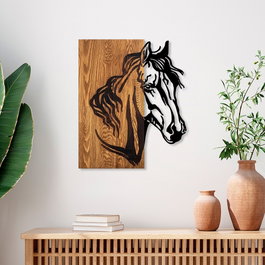 Wallity Horse 1 - Escultura de pared de madera y metal en nogal y negro
